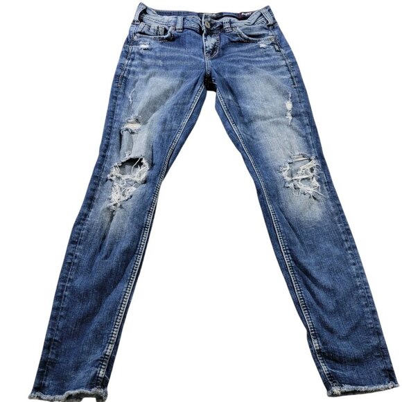 Silver Jeans Womens 27x27.5 Blue Suki Mid Skinny Dark Wash Denim Distressed - Picture 1 of 8